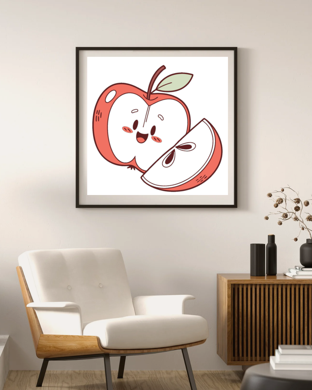Cadre avec pomme joyeuse tranchée style kawaii pour une déco ludique et adorable