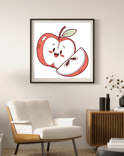 Cadre avec pomme joyeuse tranchée style kawaii pour une déco ludique et adorable