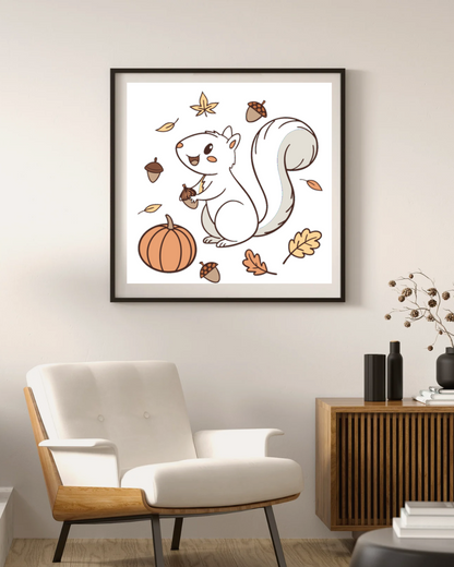 Cadre affichant un écureuil joyeux aux couleurs pastel typiques de l'automne