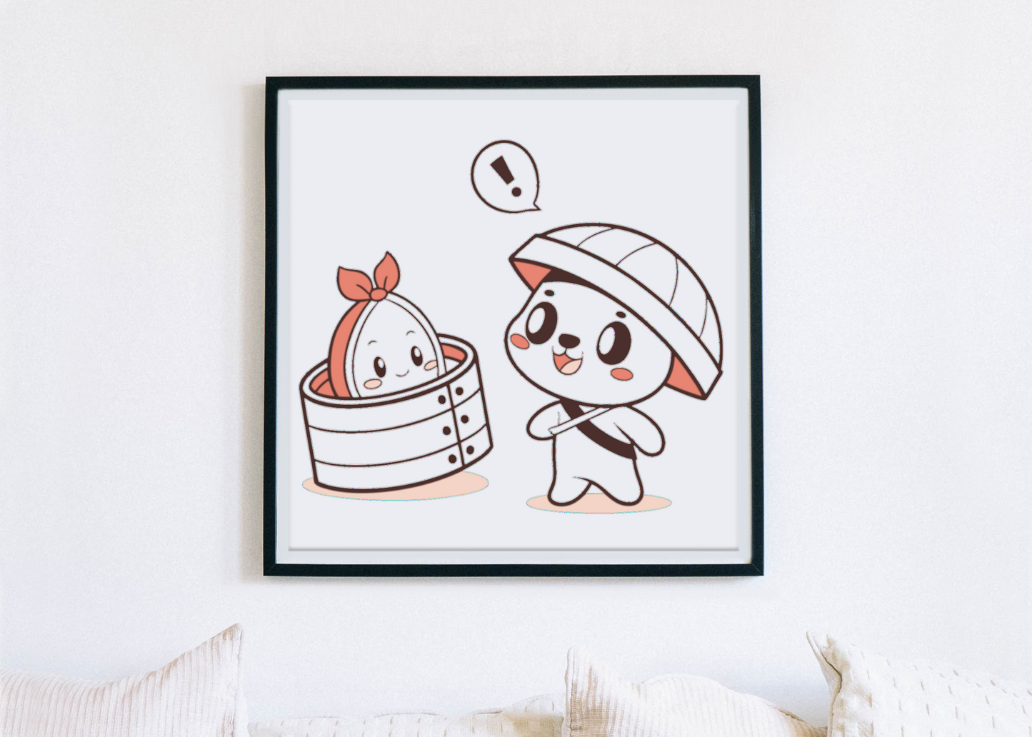 Cadre avec panda kawaii dégustant des dim sum style asiatique