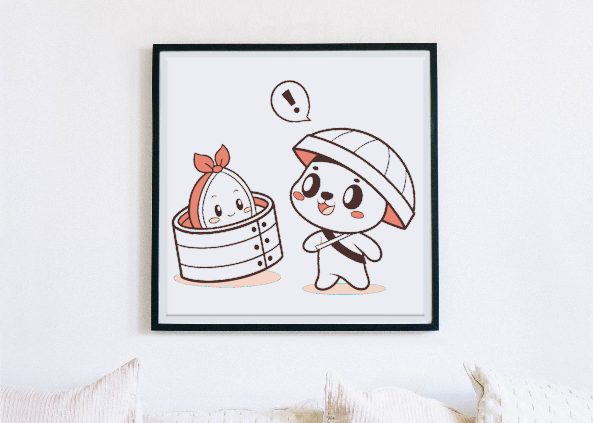 Cadre avec panda kawaii dégustant des dim sum style asiatique