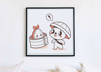 Cadre avec panda kawaii dégustant des dim sum style asiatique