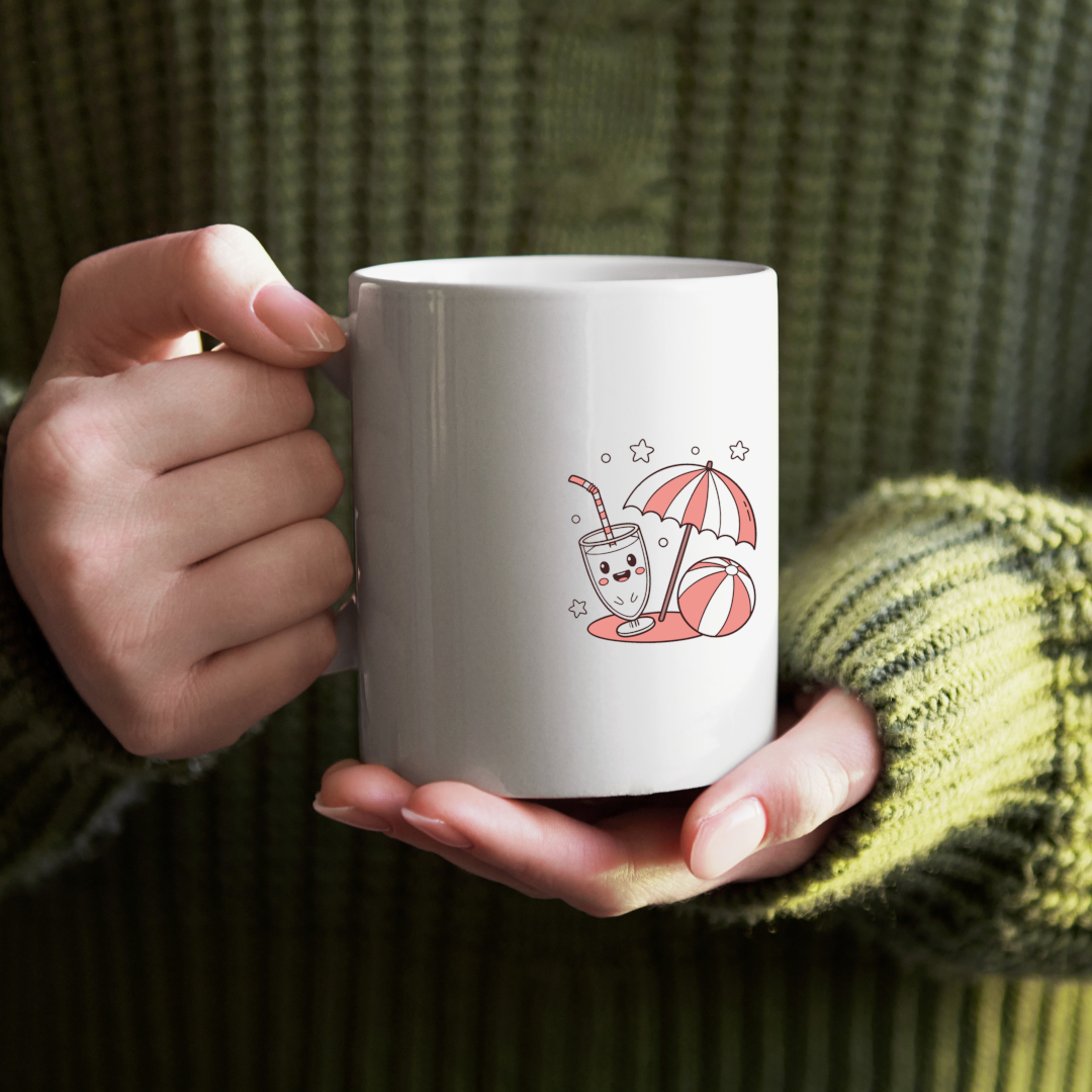 Mug coloré avec icône kawaii de smoothie sous parasol style plage éclatante