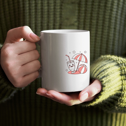 Mug coloré avec icône kawaii de smoothie sous parasol style plage éclatante