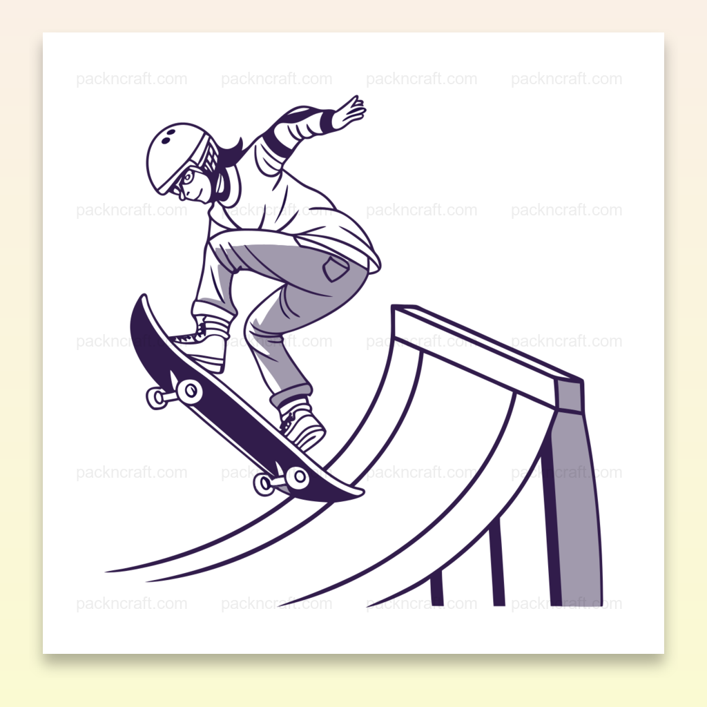 Illustration d'un skateur en plein saut sur une rampe, dynamique. Parfait pour designs DIY.
