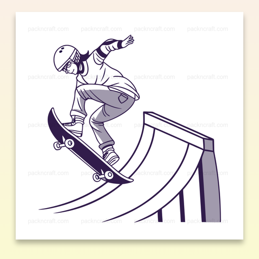 Illustration d'un skateur en plein saut sur une rampe, dynamique. Parfait pour designs DIY.