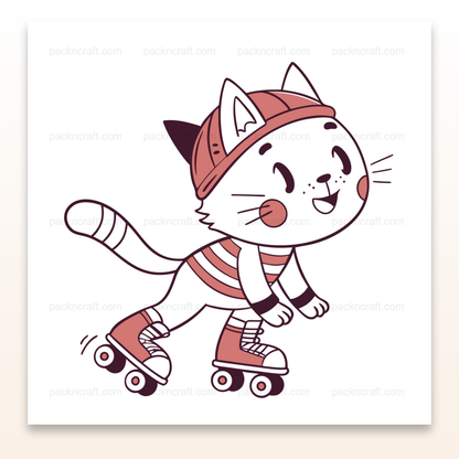Illustration d'un chat en patins à roulettes, style kawaii, usage DIY et papeterie
