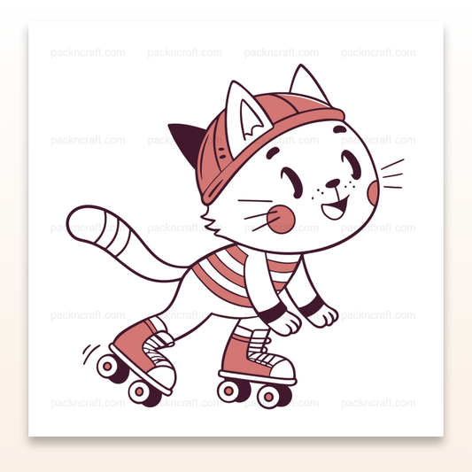 Illustration d'un chat en patins à roulettes, style kawaii, usage DIY et papeterie