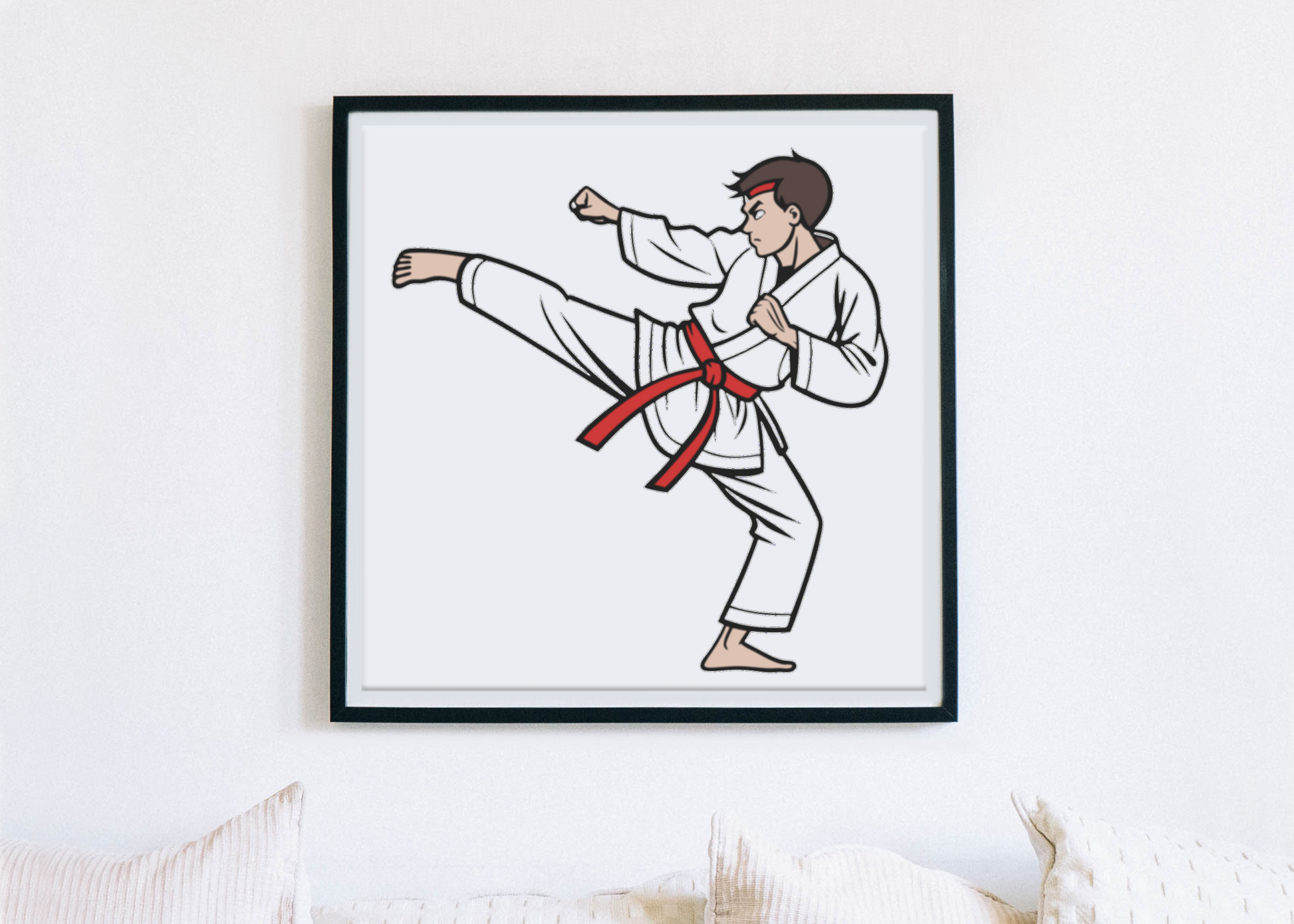 Cadre décoratif avec un karateka illustré en mouvement art martial moderne