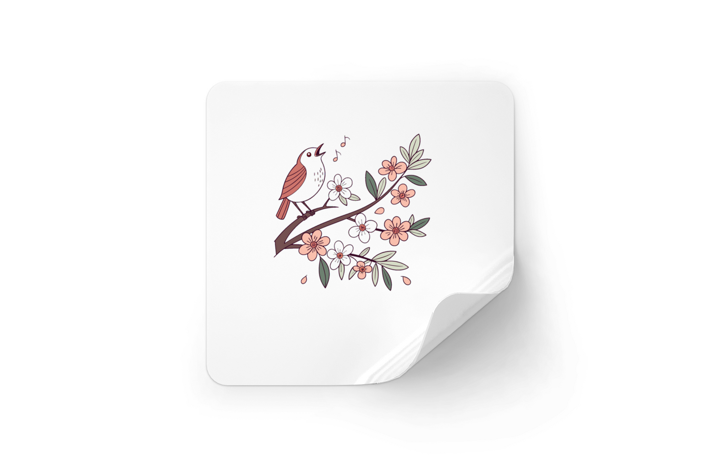 Sticker représentant un oiseau chantant sur une branche avec un motif floral élégant