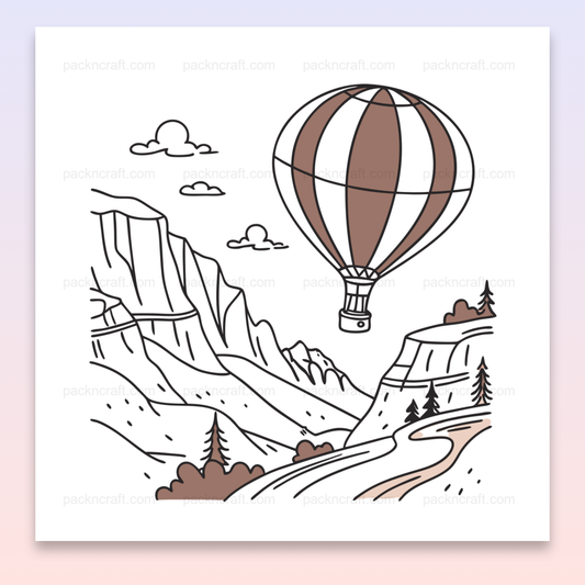 Illustration vectorielle pastel de montgolfière flottant au-dessus d'un paysage montagneux, idéale pour décoration et projets créatifs.