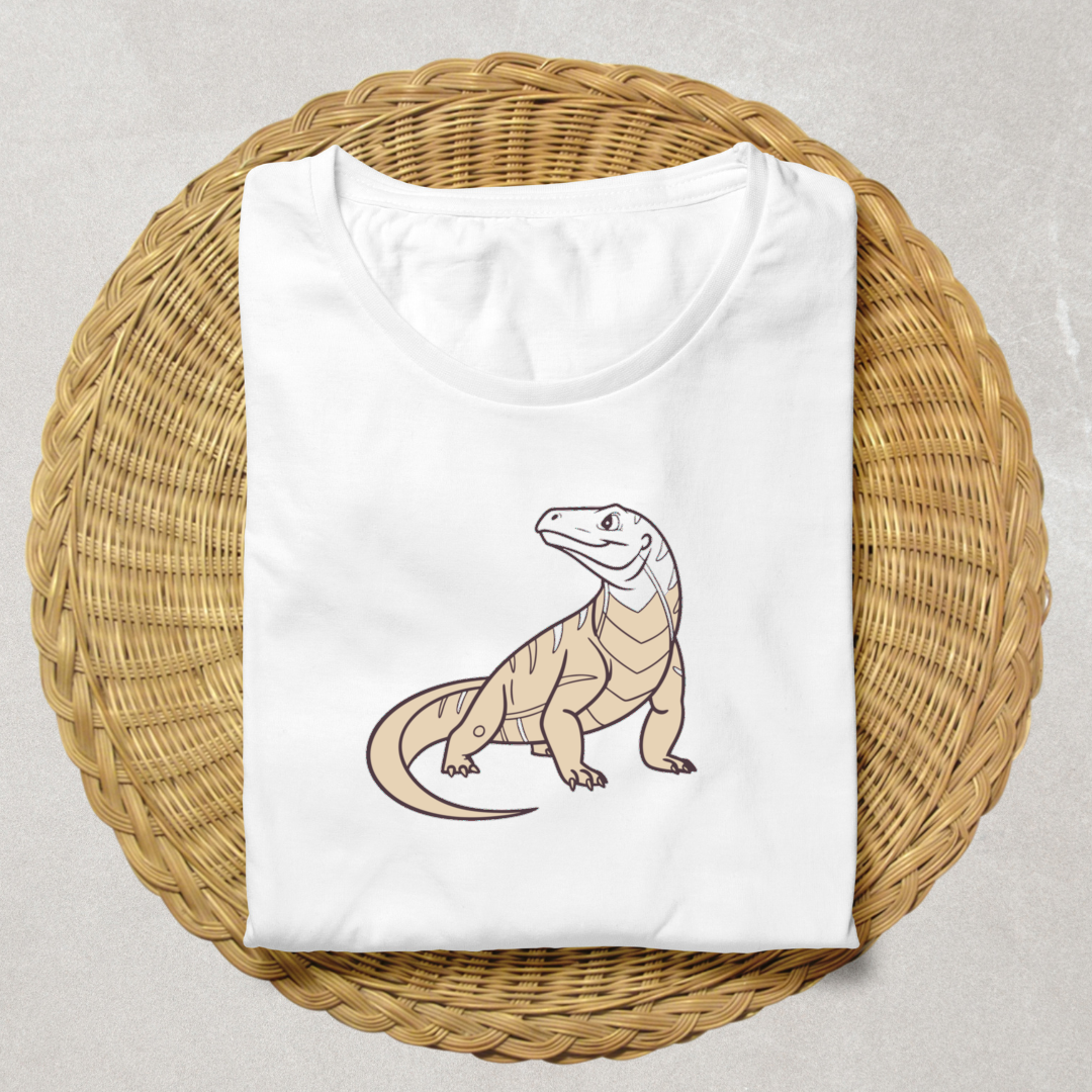 T-shirt avec varan curieux au style kawaii vibrant, ambiance jungle aventure