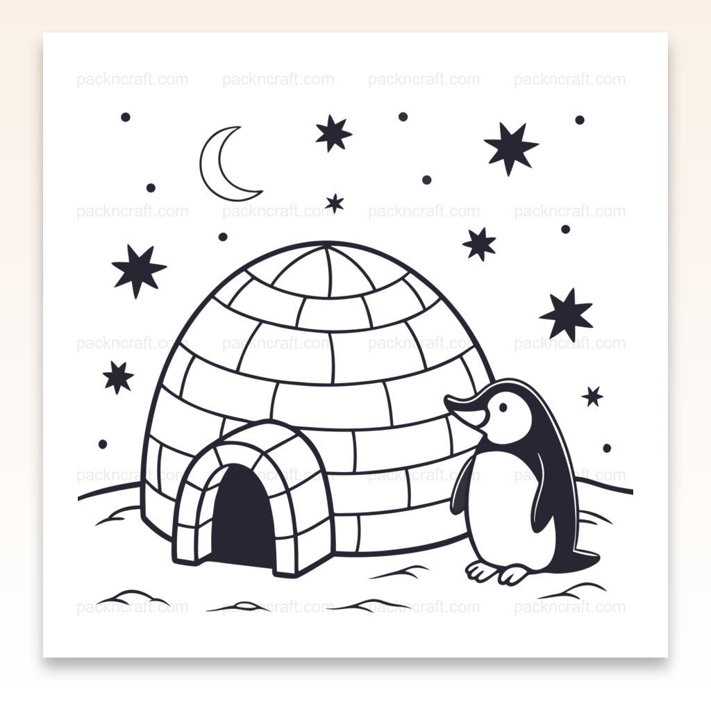 Illustration d'un pingouin devant un igloo sous un ciel étoilé, idéale pour projets DIY.