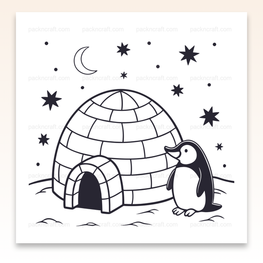 Illustration d'un pingouin devant un igloo sous un ciel étoilé, idéale pour projets DIY.