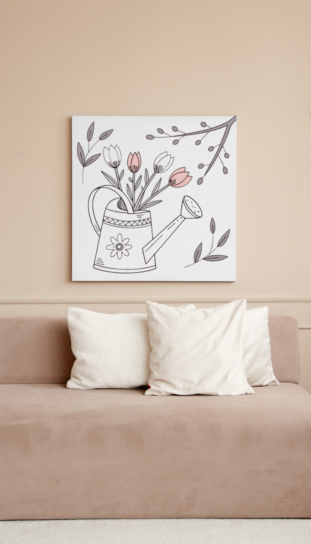 Cadre pastel avec arrosoir fleuri et branches évoquant le printemps