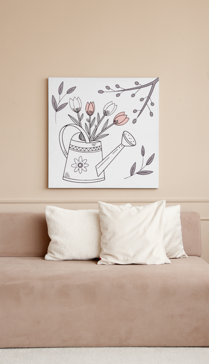 Cadre pastel avec arrosoir fleuri et branches évoquant le printemps