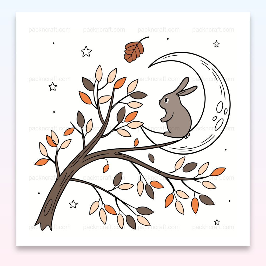 Illustration d'un lapin sur une lune en automne, usage décoratif et éducatif