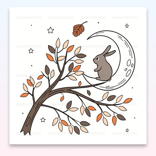 Illustration d'un lapin sur une lune en automne, usage décoratif et éducatif
