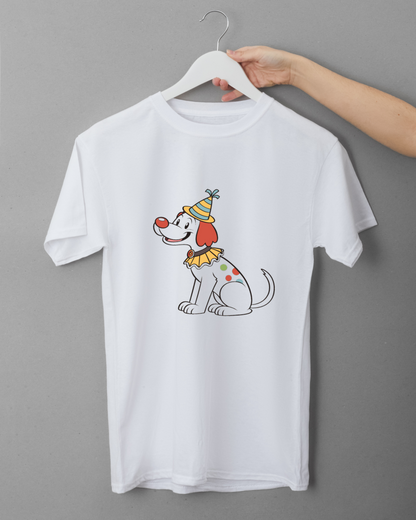 T-shirt avec motif chien joyeux et festif, style carnaval coloré et amusant