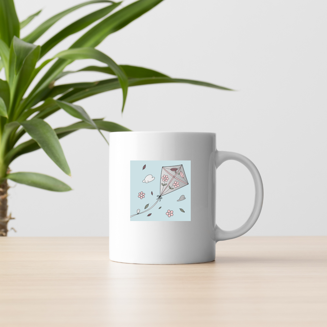 Mug valorisant un cerf-volant fleuri, incarnant une douceur printanière élégante