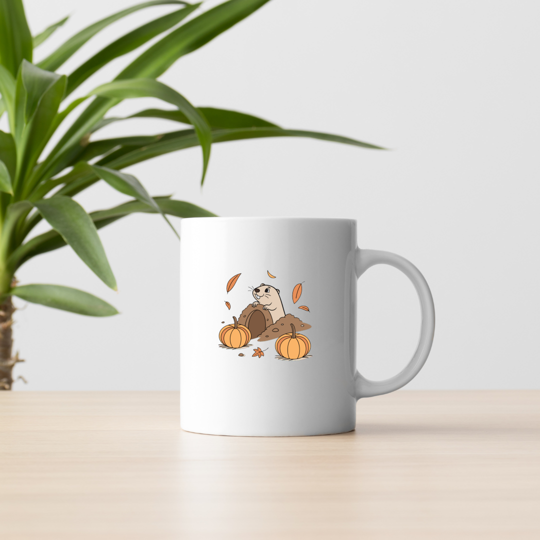 Mug avec marmotte curieuse dans un design automnal riche en couleurs chaudes