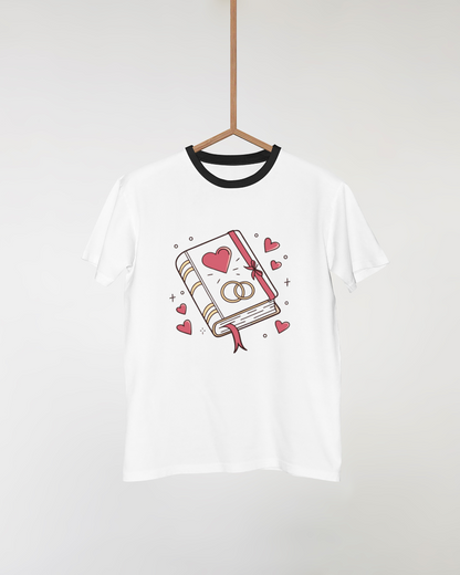 Design livre mariage sur t-shirt, offre visuelle tendance.