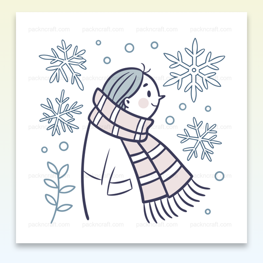 Illustration d'un personnage en hiver avec une écharpe, style doodle, idéale pour des projets créatifs.