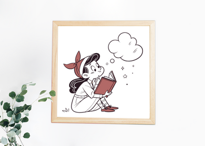 Cadre rétro avec icône digitale d'une fille rêveuse lisant dans un style imaginaire