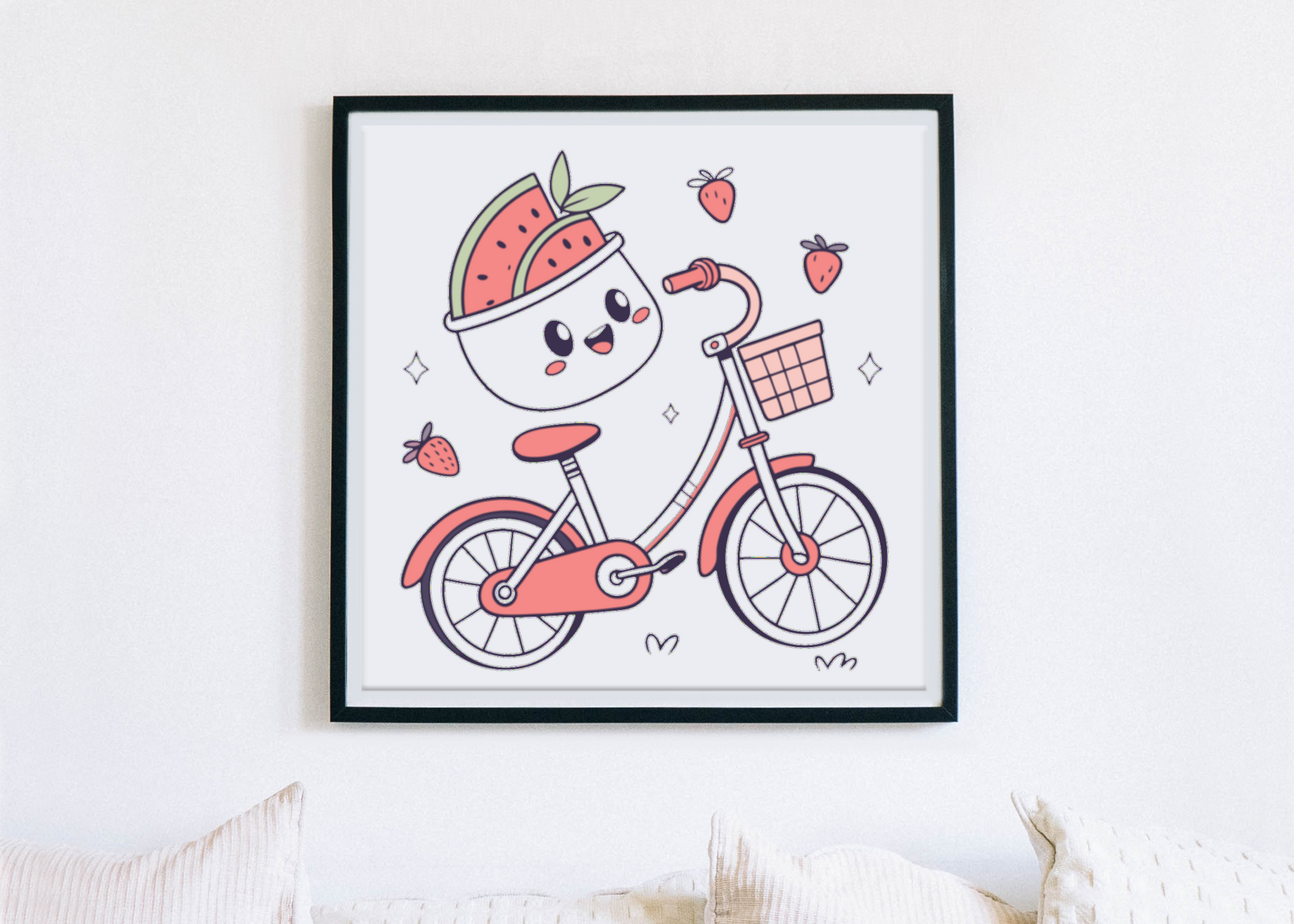 Cadre avec design pastel de vélo et fruits joyeux ambiance estivale cadre déco