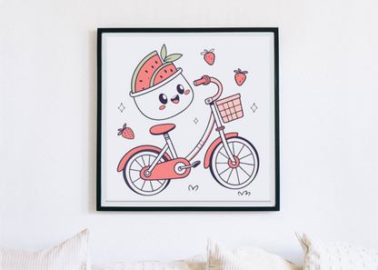 Cadre avec design pastel de vélo et fruits joyeux ambiance estivale cadre déco