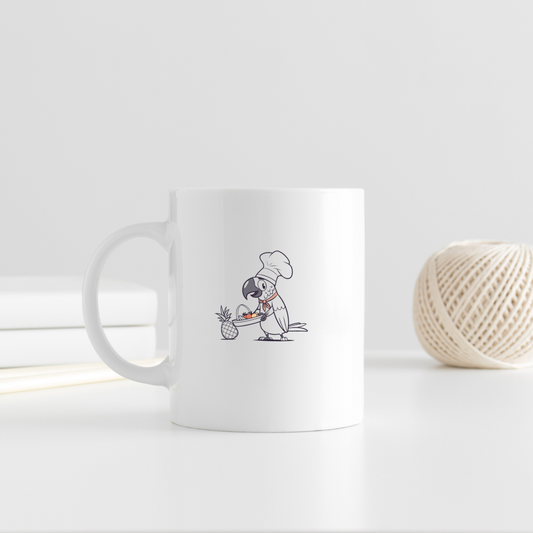 Mug avec perroquet en chef et panier de fruits exotiques en style tropical