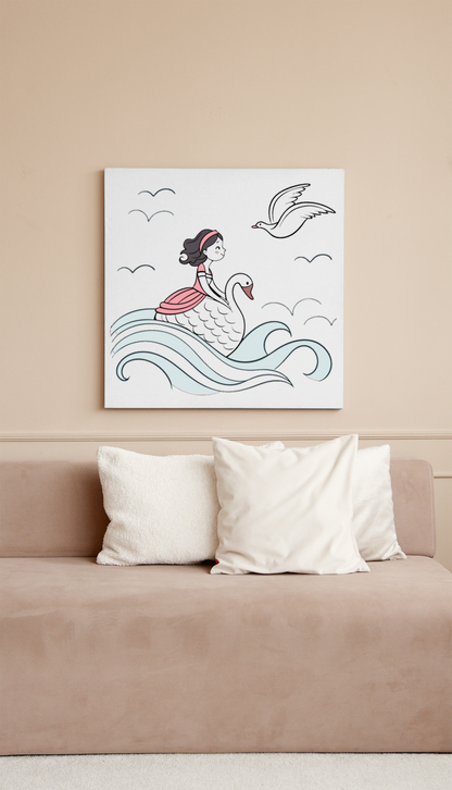 Cadre vibrant avec jeune fille rieuse chevauchant un cygne, ambiance aventureuse
