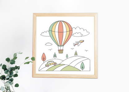 Cadre décoratif avec montgolfière sur fond pastel pour une ambiance aérienne détendue