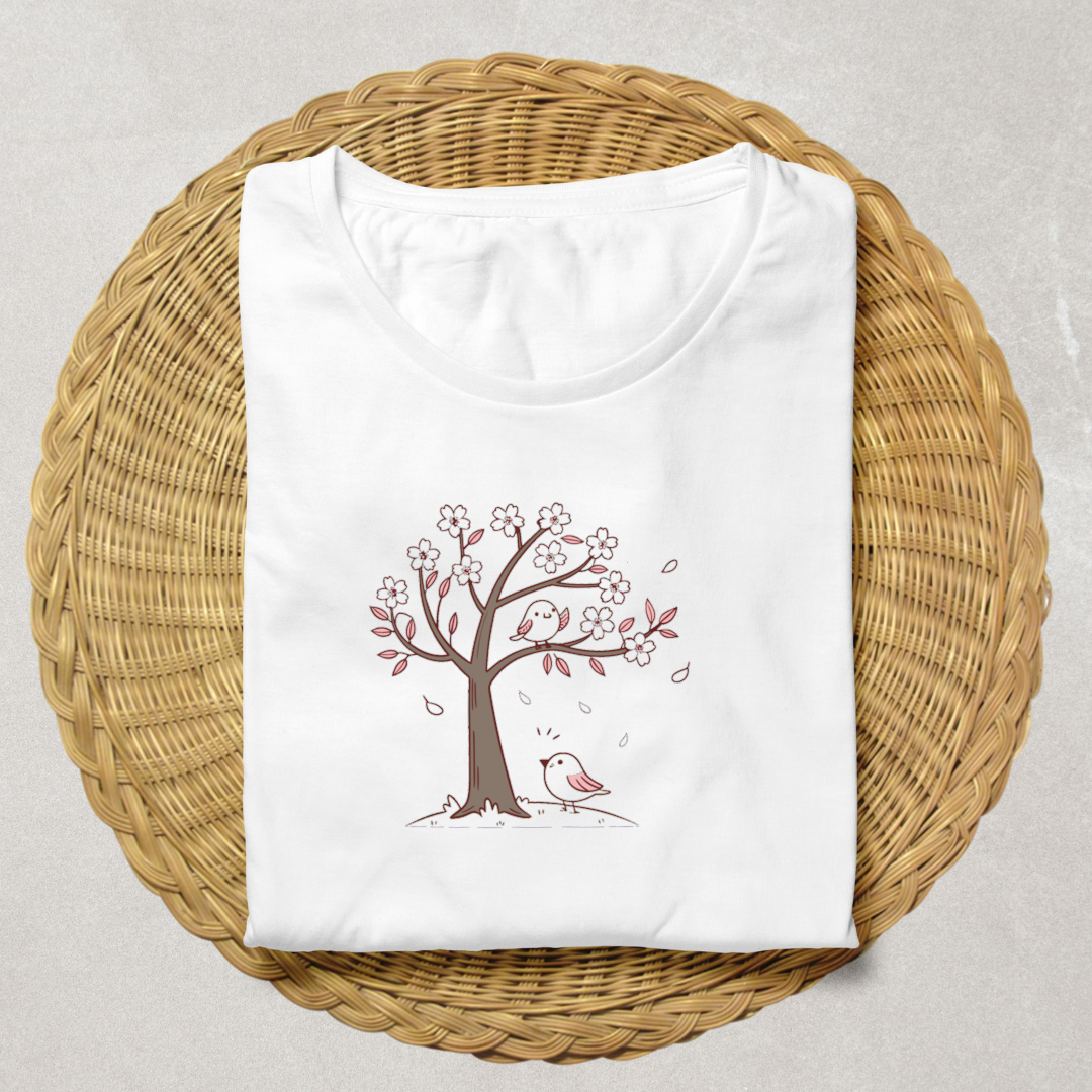 T-shirt avec motif pastel d'oiseaux sous cerisier fleuri ambiance estivale