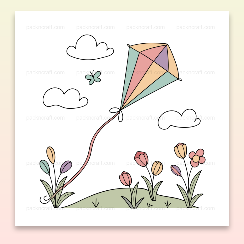 Illustration pastel d'un cerf-volant au printemps avec fleurs et papillons.