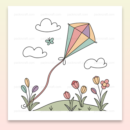 Illustration pastel d'un cerf-volant au printemps avec fleurs et papillons.