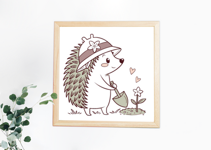 Cadre décoratif avec hérisson jardinier style doodle sur le thème de la nature