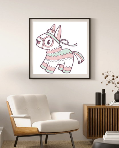 Illustration piñata dans un cadre élégant pour décoration murale.