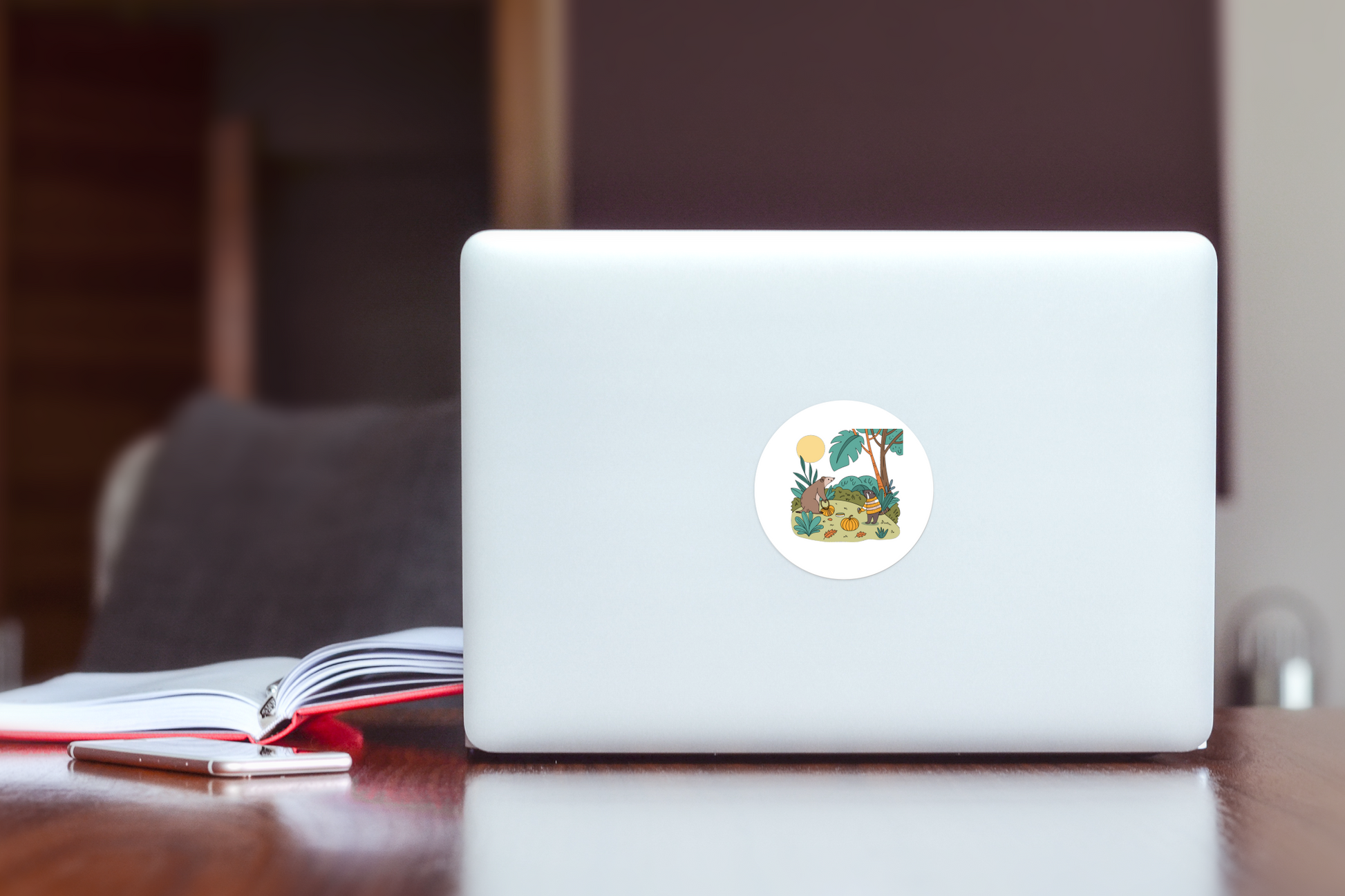 Sticker avec ours et loutre dans un style automnal chaleureux pour une touche décorative