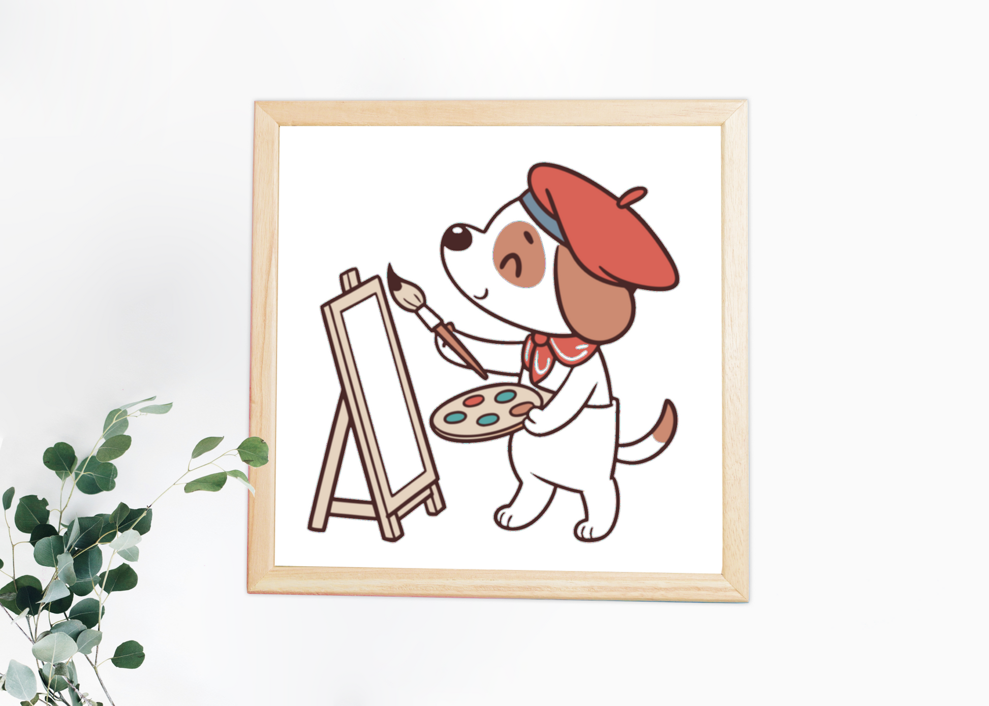 Cadre décoratif avec un chien souriant peintre dans un style kawaii coloré