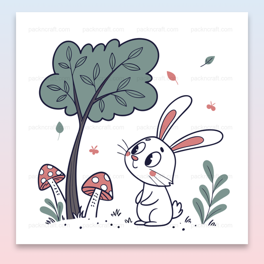 Illustration d'un lapin curieux sous un arbre, style SVG pastel pour projets DIY.