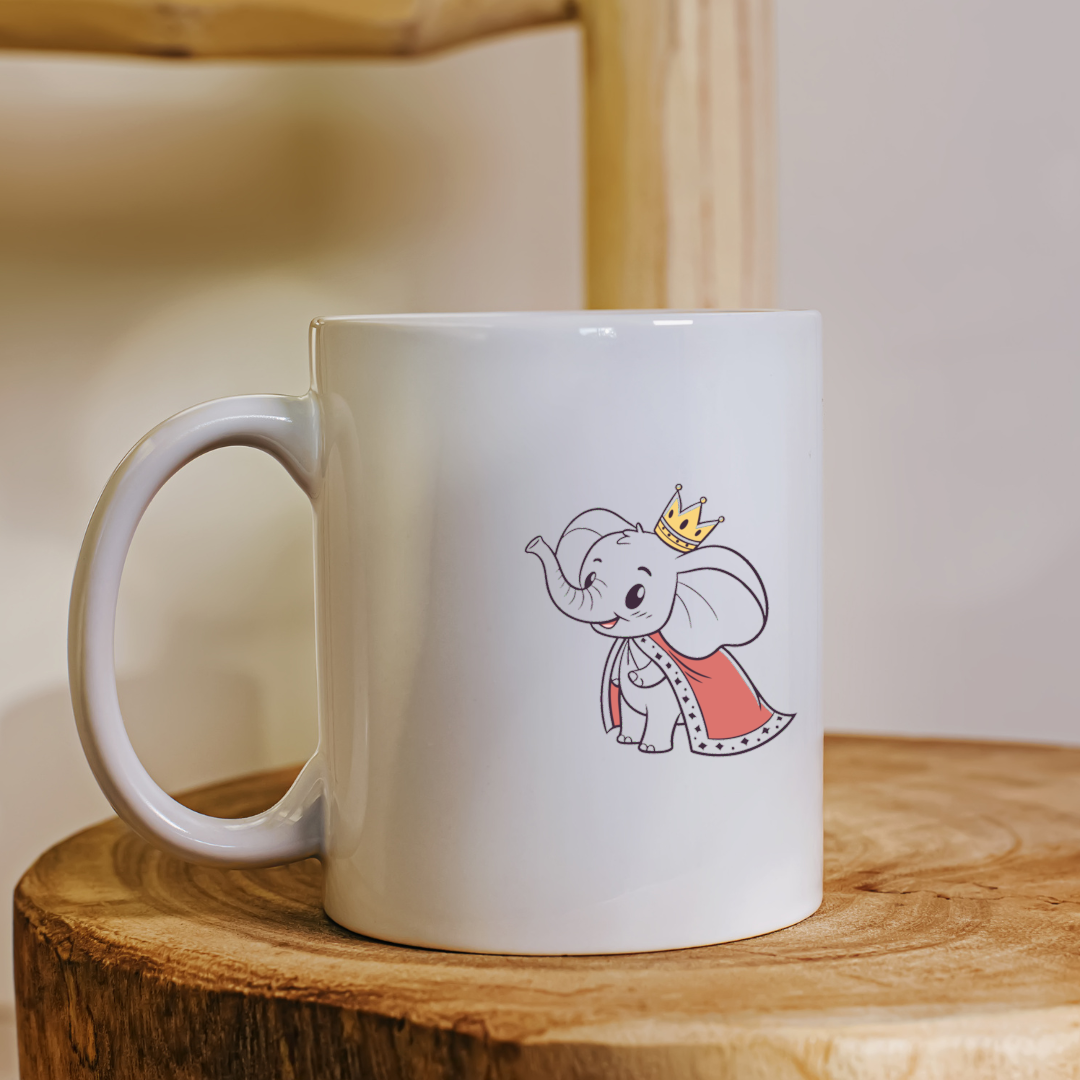 Mug avec éléphant souriant en style kawaii sur fond imaginaire et enfantin