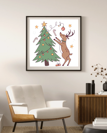 Cadre avec renne joyeux et sapin pour une déco festive à l'ambiance de Noël