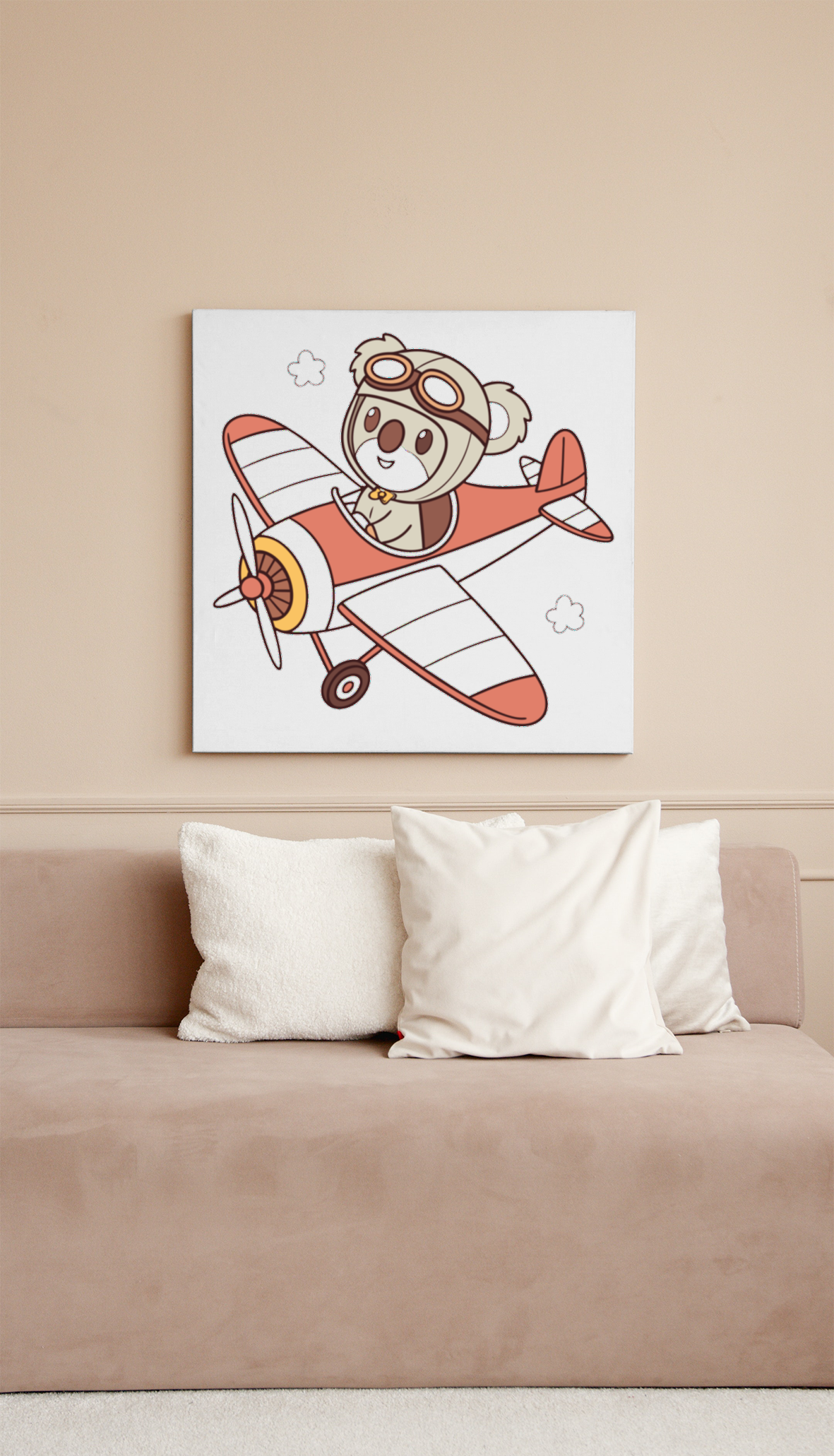 Cadre décoratif avec koala kawaii en tenue de pilote, design aventureux et céleste