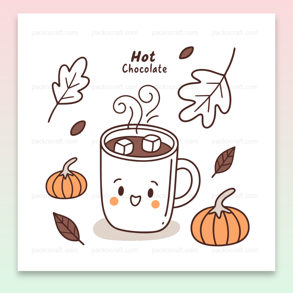 Illustration kawaii de chocolat chaud enjoué avec éléments automnaux, utilisable pour déco ou projets DIY