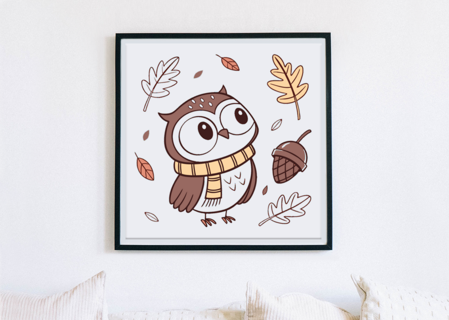 Cadre décoratif avec icône de chouette curieuse automne, ambiance naturelle