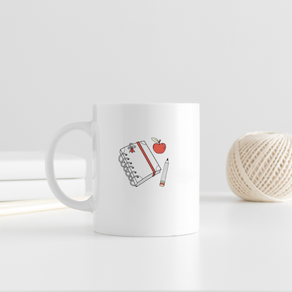 Mug affichant un motif minimaliste d'un crayon créatif sur fond blanc épuré