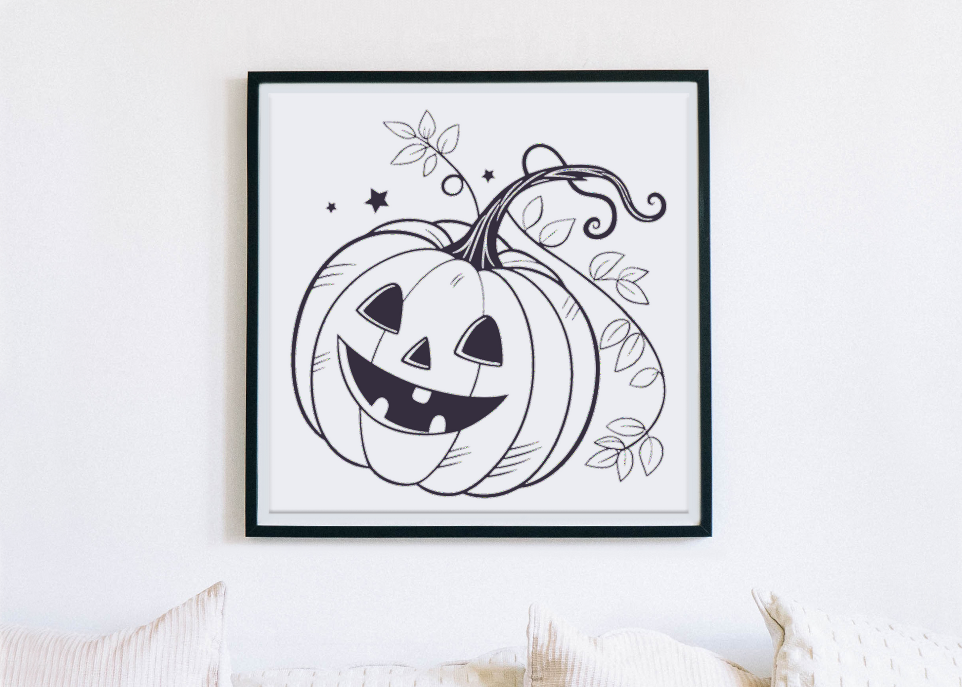 Cadre avec citrouille stylisée monochrome, parfait pour décorer votre espace Halloween