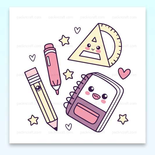 Illustration kawaii de fournitures scolaires joyeuses, idéale pour papeterie DIY