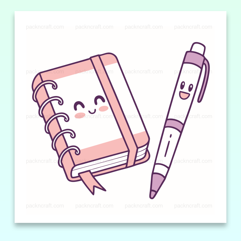 Duo joyeux d'un carnet et d'un stylo en style kawaii pour projets DIY et éducatifs
